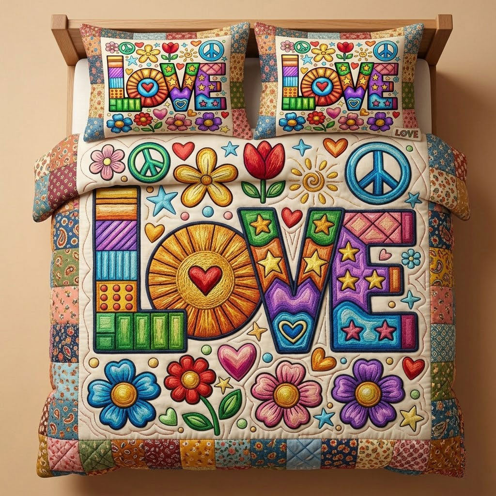 Colorful Boho Peace & Love Patchwork WN0304002CL Duvet Cover Set