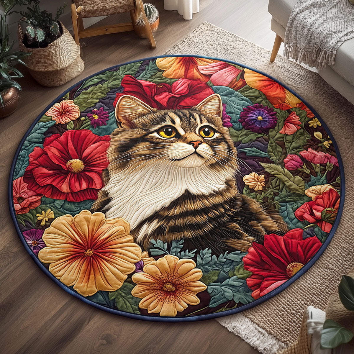 Botanical Beauty Cat WJ1507037CL Quilted Round Mat