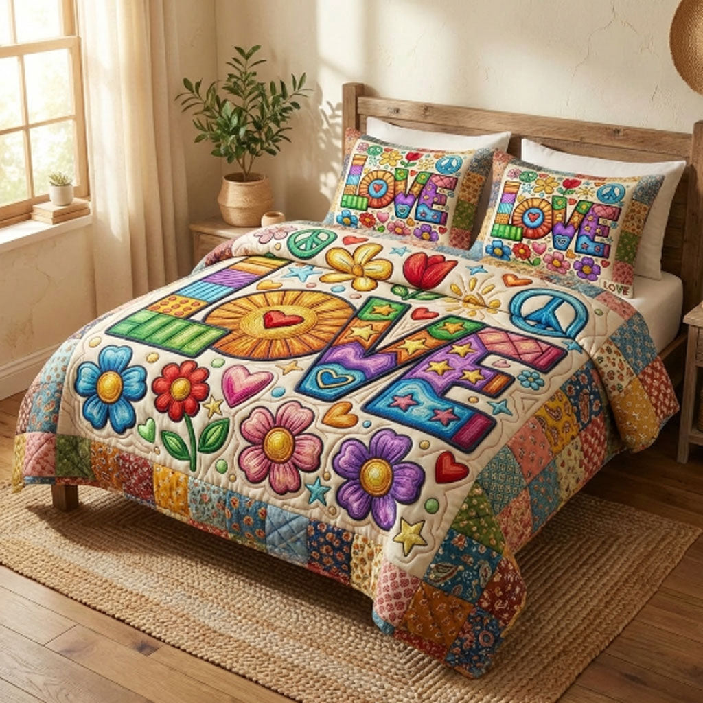 Colorful Boho Peace & Love Patchwork WN0304002CL Duvet Cover Set